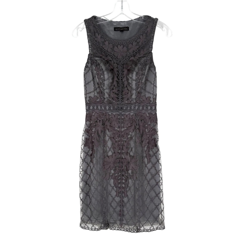 Sue Wong Cocktail Dress Womens Size 4 Gray Sheer Mesh Lace Embroidery Lined